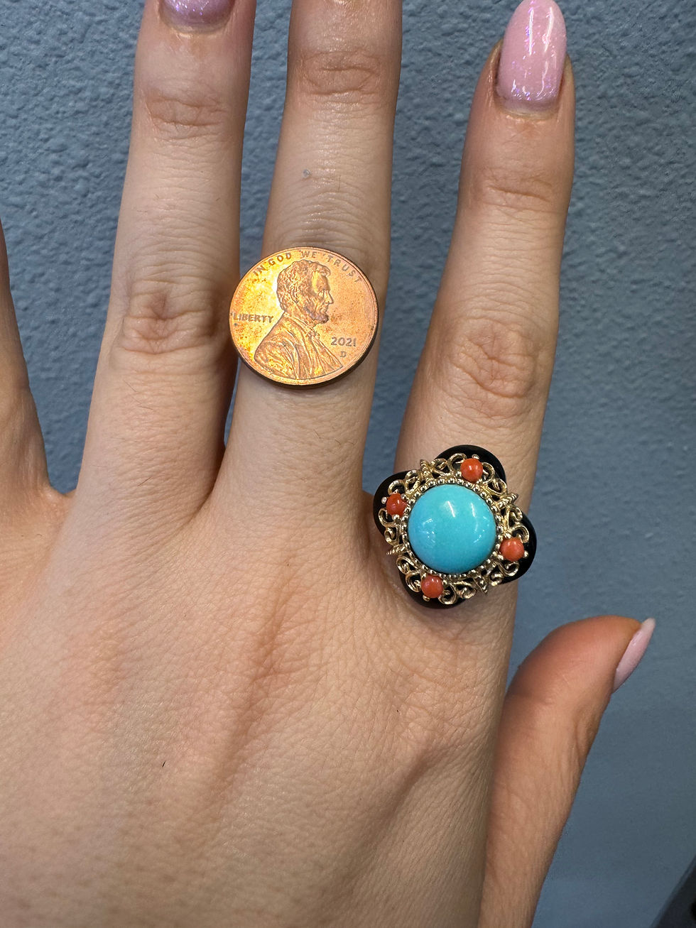 Thumbnail: 14kt Yellow Gold Filigree Onyx, Turquoise, Coral Quatrefoil Ring