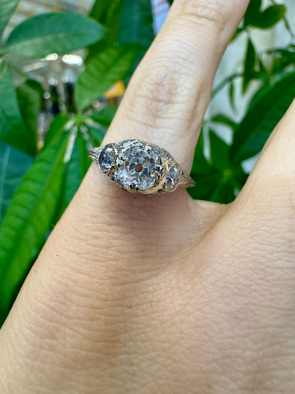 Thumbnail: 18kt White Gold Three stone Art Deco Filigree Diamond Engagement Ring