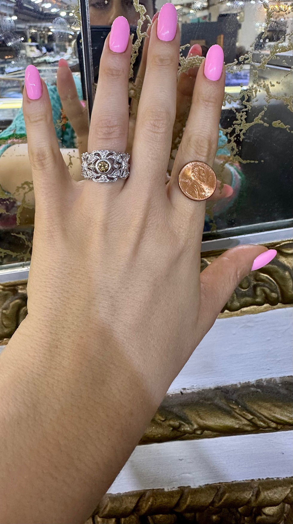 Thumbnail: Antique Style 14kt White Gold White And Cognac Diamond Ring