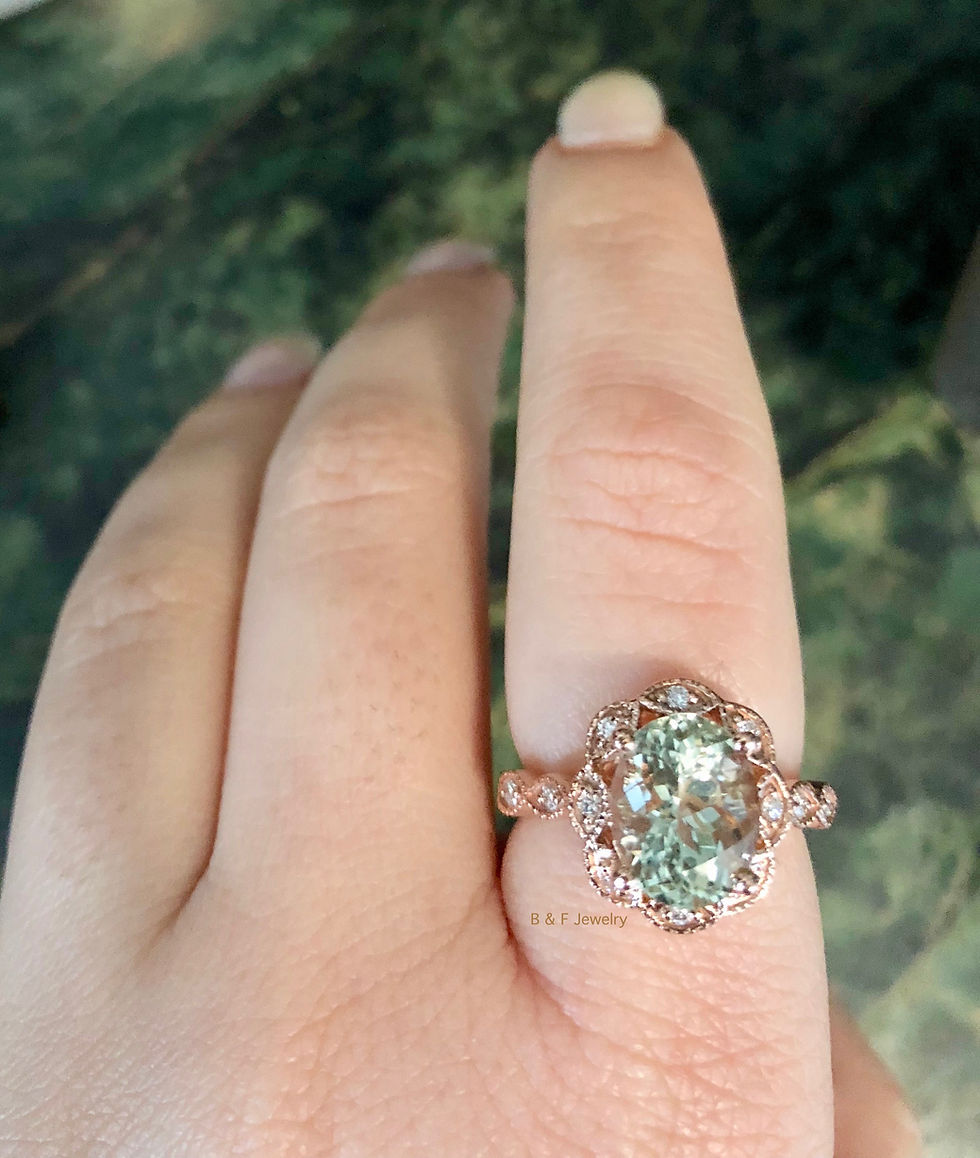 Thumbnail: 14K Rose Gold Vintage Style Oval Green Amethyst And Diamond Ring- Has Band