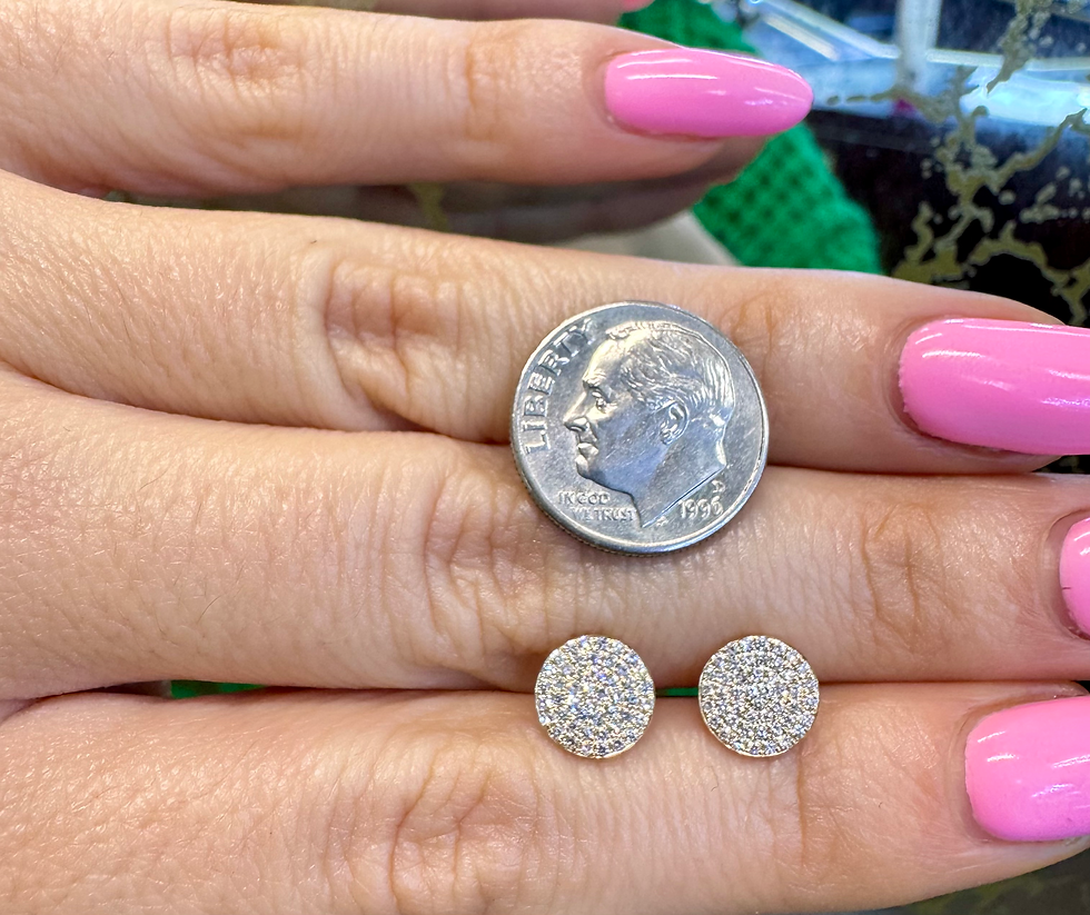Thumbnail: Dainty 14kt Yelllow Gold Round Diamond 8 mm Pave Set Disc Stud Earrings.