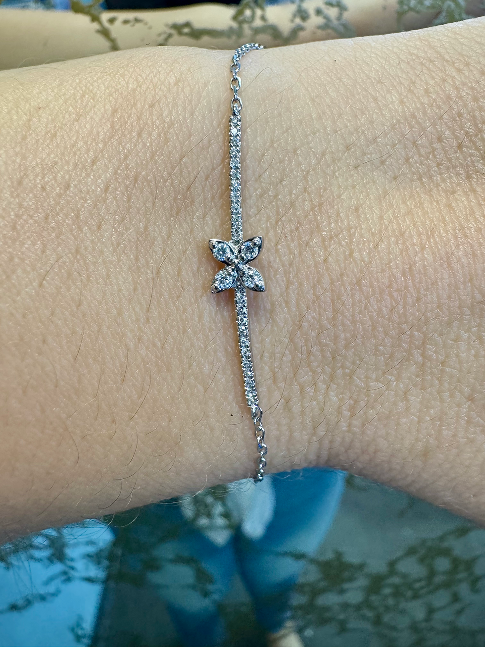 Thumbnail: 14kt White Gold Floral Diamond Bar Bracelet Has Matching Ring And Necklace