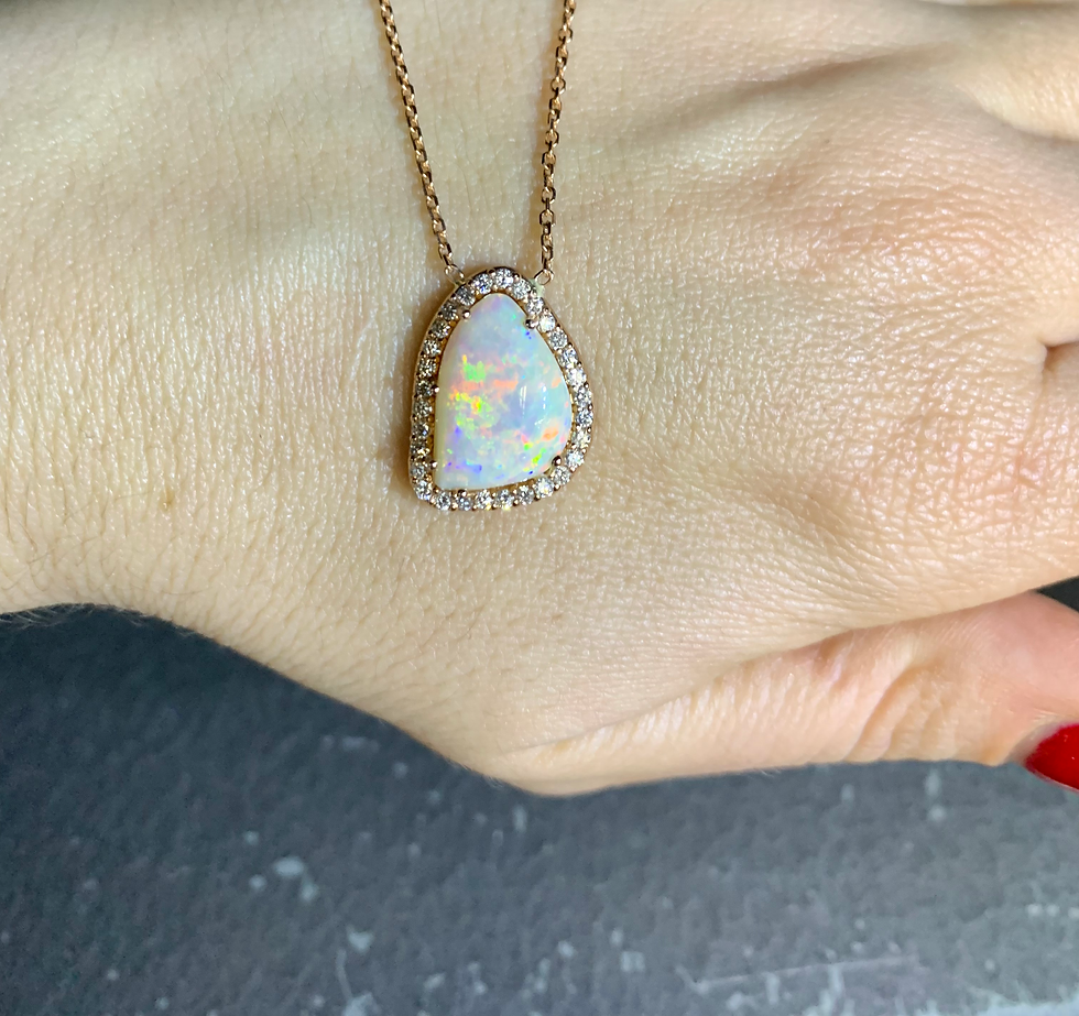 Thumbnail: 14kt Rose Gold Halo-Style Opal And Diamond Abstract Necklace