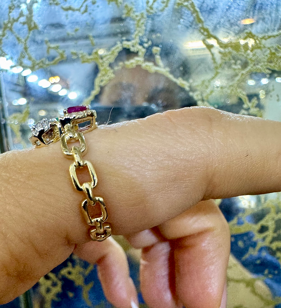 Thumbnail: 14kt Yellow Gold Ruby, Emerald And Diamond Halo Cluster Ring.