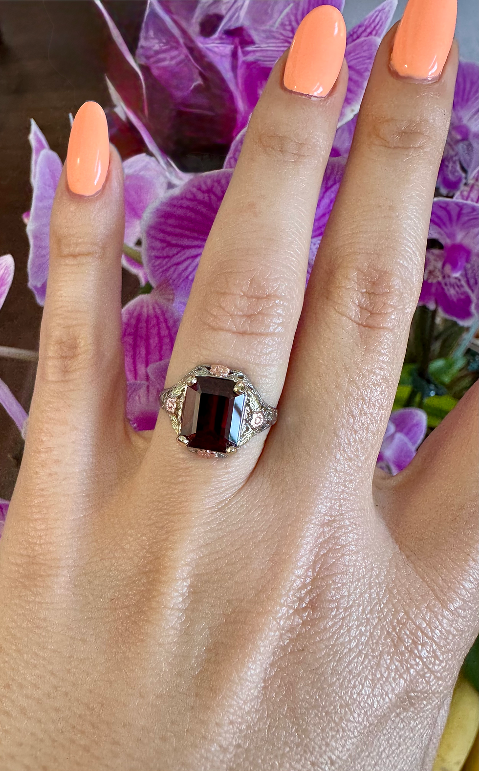 Thumbnail: 14kt White, Yellow And Rose Gold Art Deco Flowers and Leaves Garnet Filigree Rin