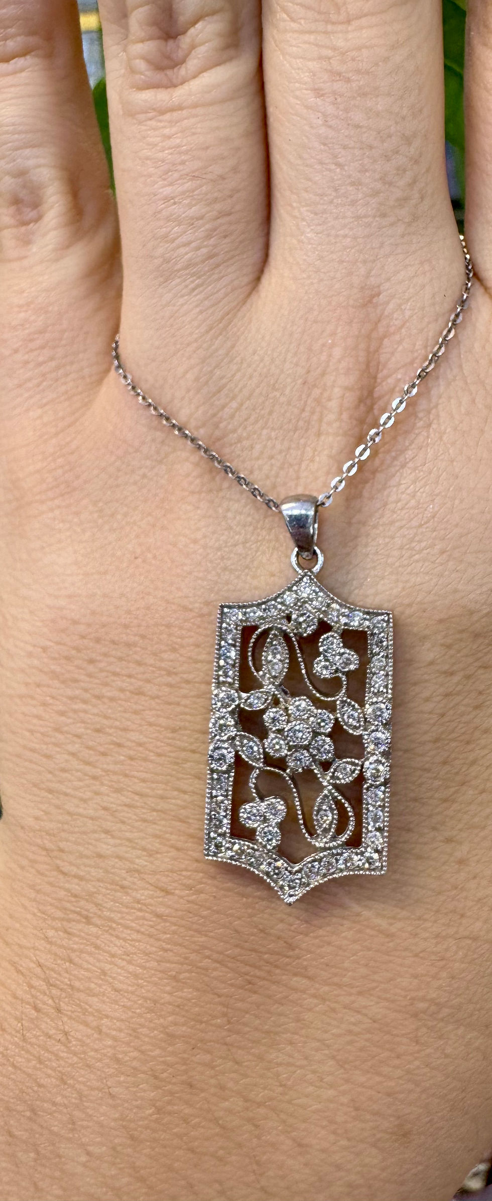 Thumbnail: 14kt White Gold Floral Antique Style Diamond Pendant With Chain