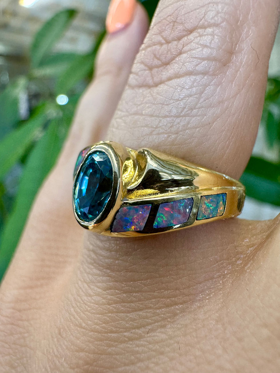 Thumbnail: 14kt Yellow Gold Blue Zircon And Australian Opal Ring