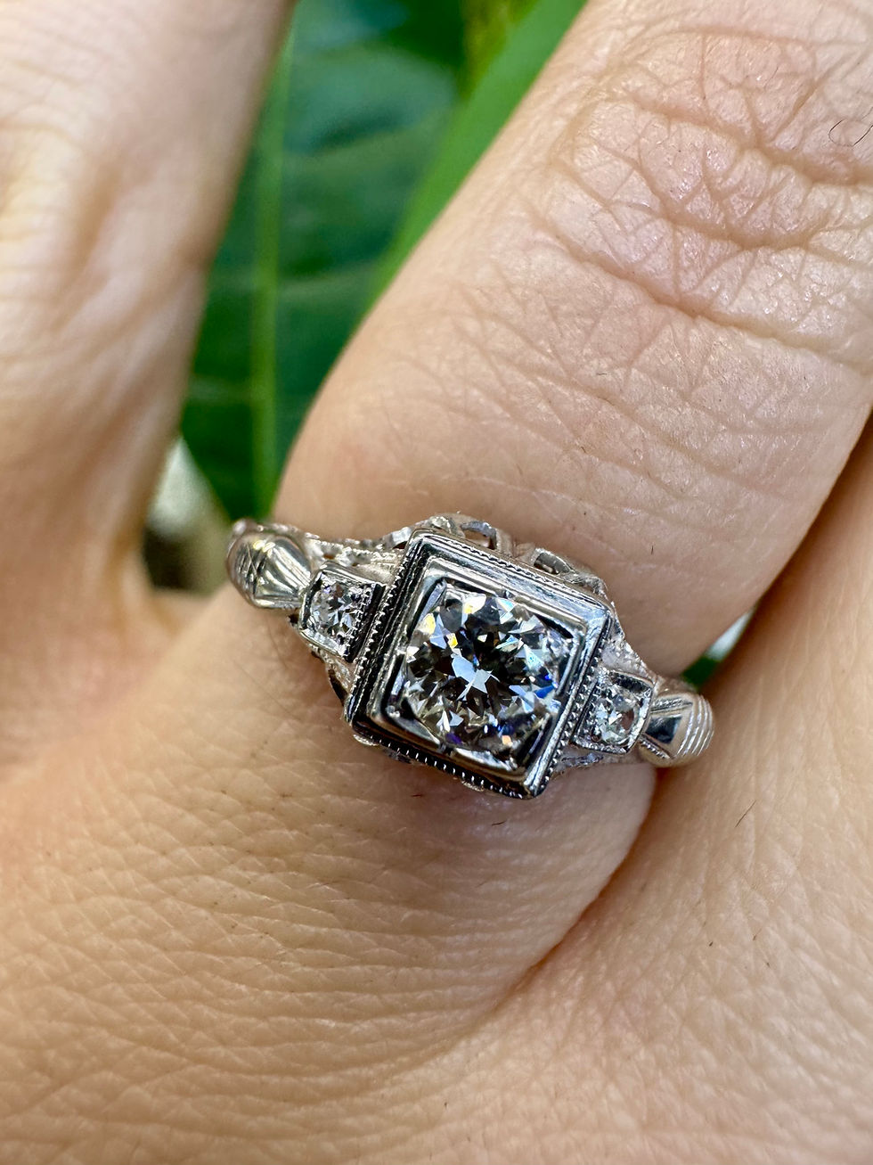 Thumbnail: 14kt White Gold Art Deco Filigree Diamond Engagement Ring