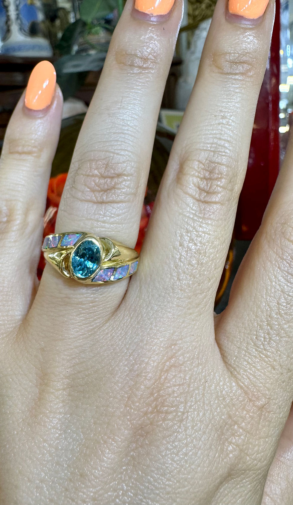 Thumbnail: 14kt Yellow Gold Blue Zircon And Australian Opal Ring