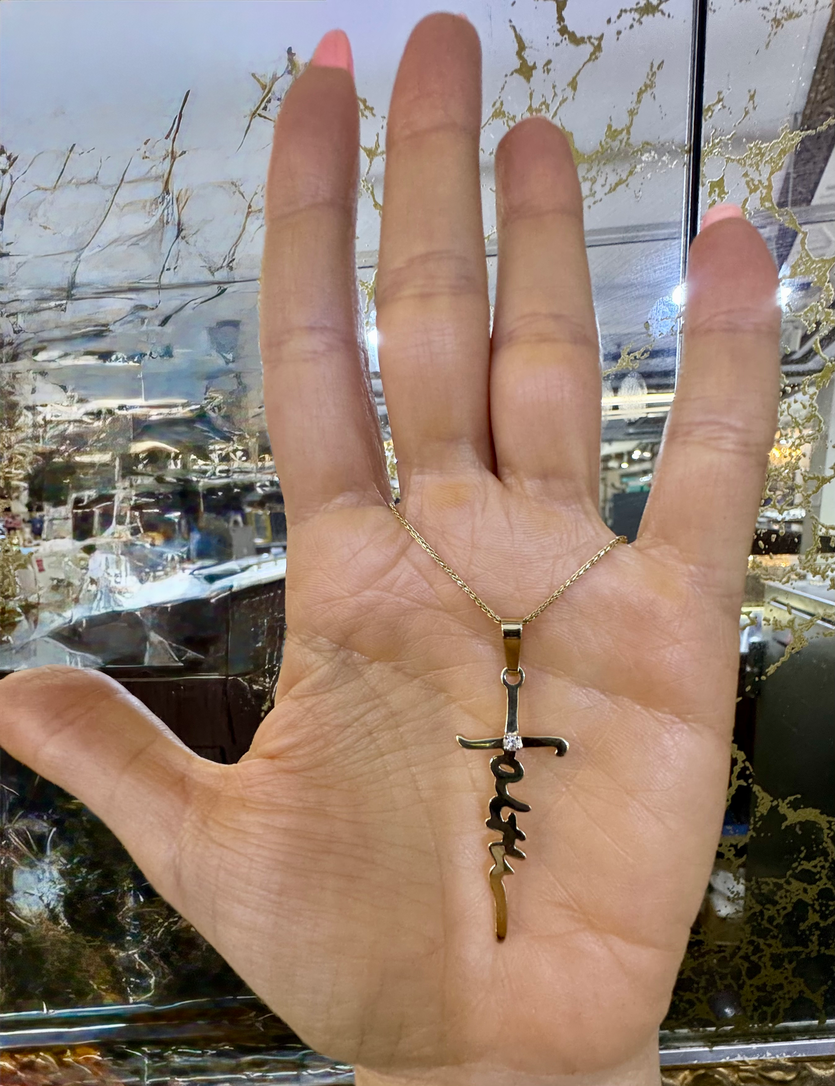 14kt Yellow Gold Hand Made Diamond Faith Cross Necklace