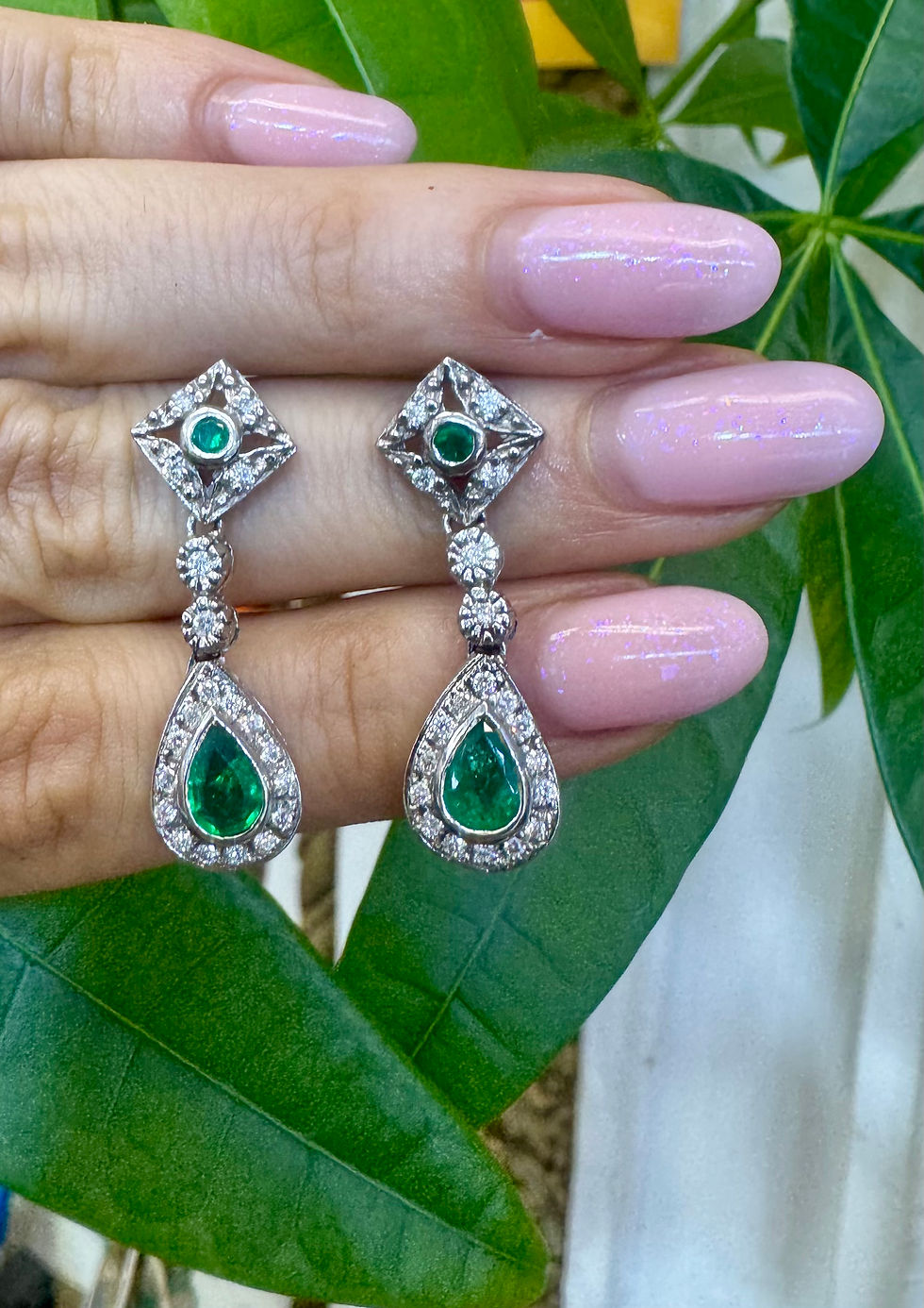 Thumbnail: Art Deco Style 14kt White Gold Emerald And Diamond Drop Earrings