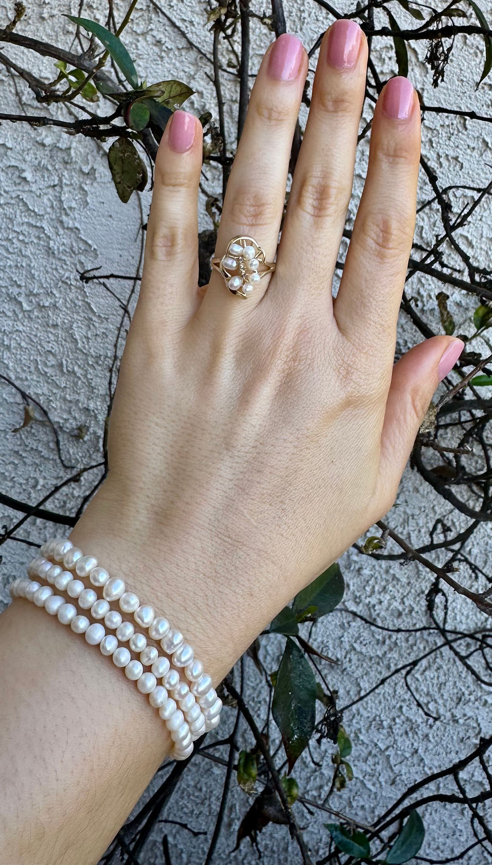 Thumbnail: 14kt Yellow Gold Vintage Diamond And Pearl Grape Cluster Motif Cocktail Ring