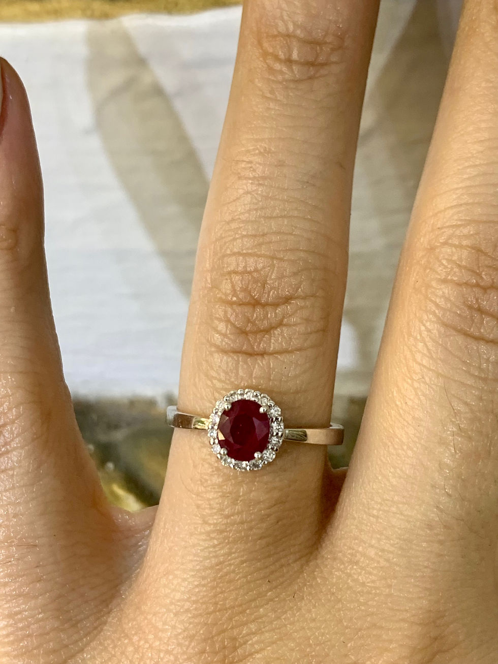 Thumbnail: 14kt White Gold Oval Ruby And Diamond Halo Ring