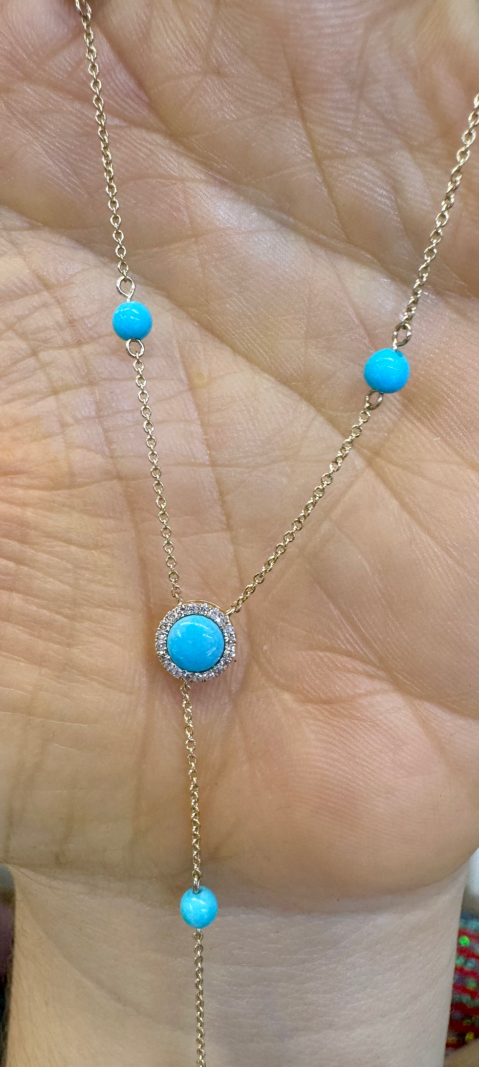 Thumbnail: 14kt Yellow Gold Diamond And Turquoise Lariat Necklace
