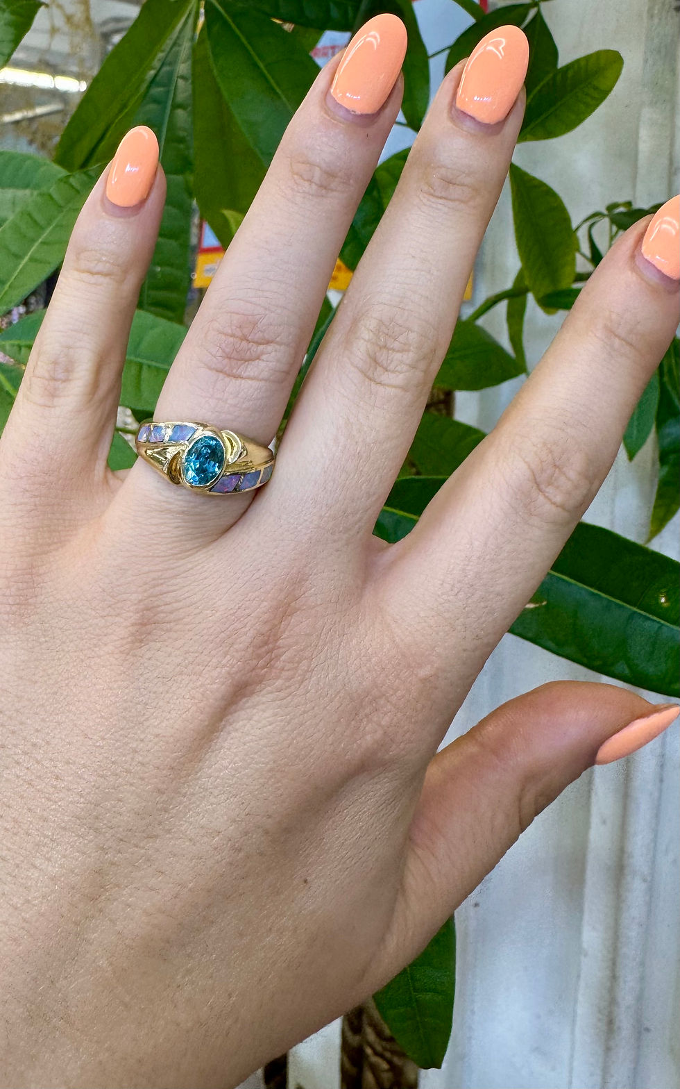 Thumbnail: 14kt Yellow Gold Blue Zircon And Australian Opal Ring