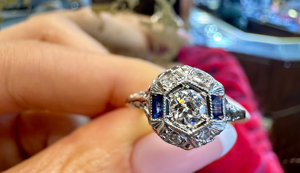 Thumbnail: 14kt White Gold Art Deco Filigree Diamond And Sapphire Ring