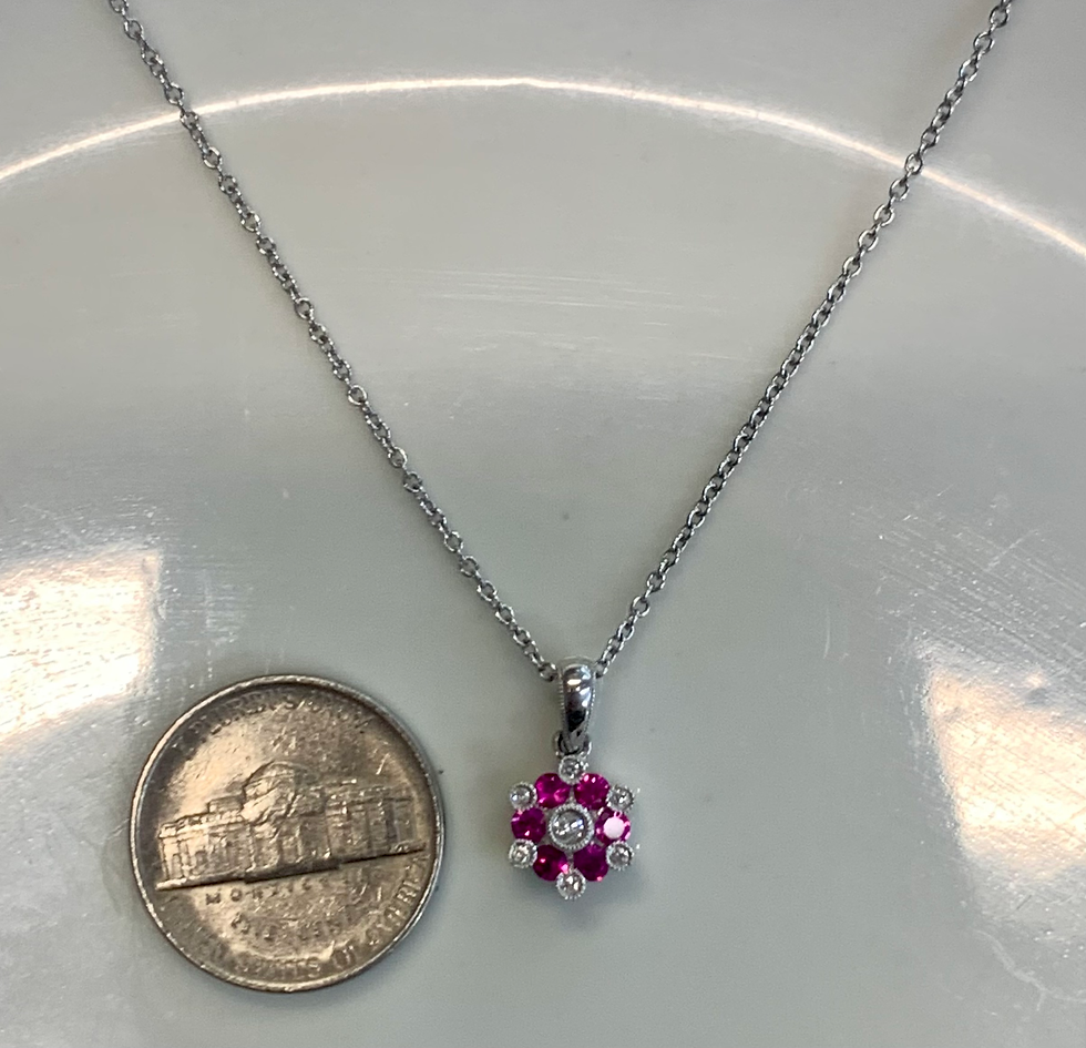 Thumbnail: Dainty 18kt White Gold Floral Diamond And Pink Sapphire Necklace.