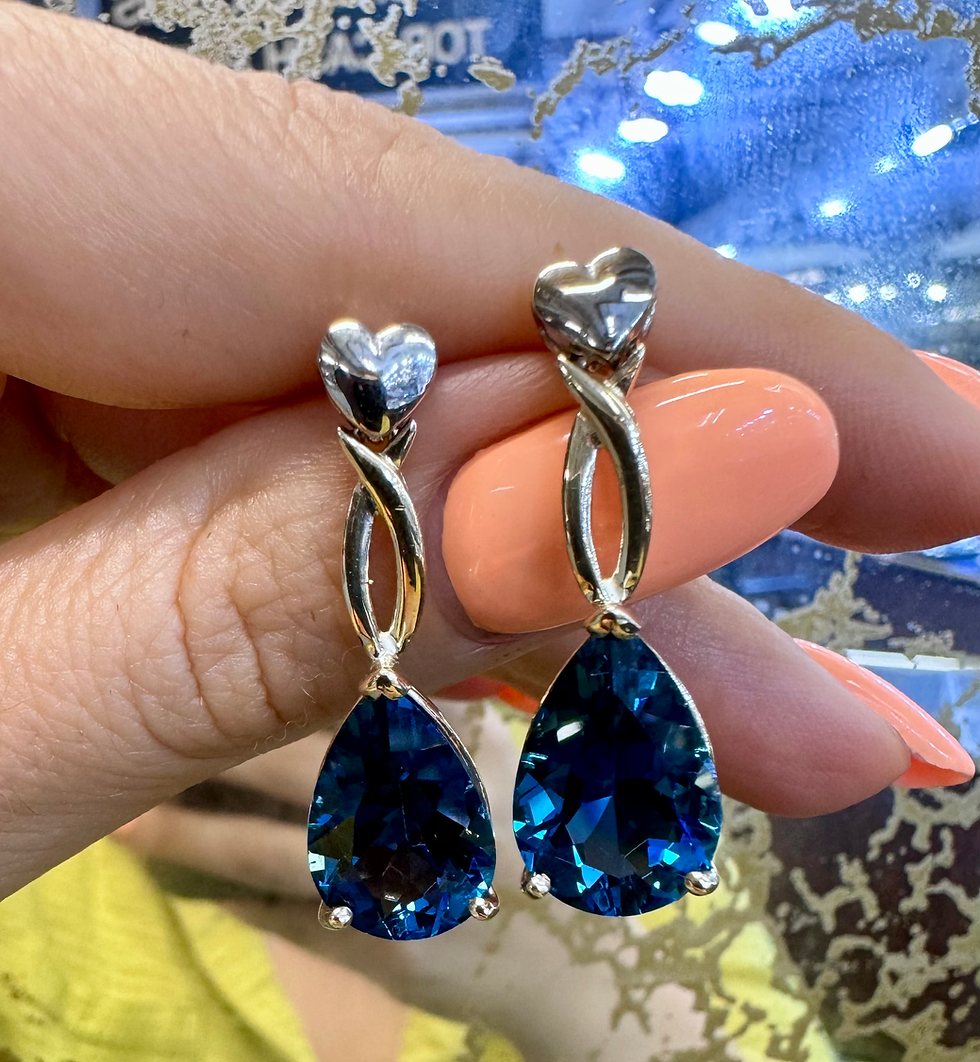 Thumbnail: 14kt White And Yellow Gold Pear Shaped London Blue Topaz Drop Earrings