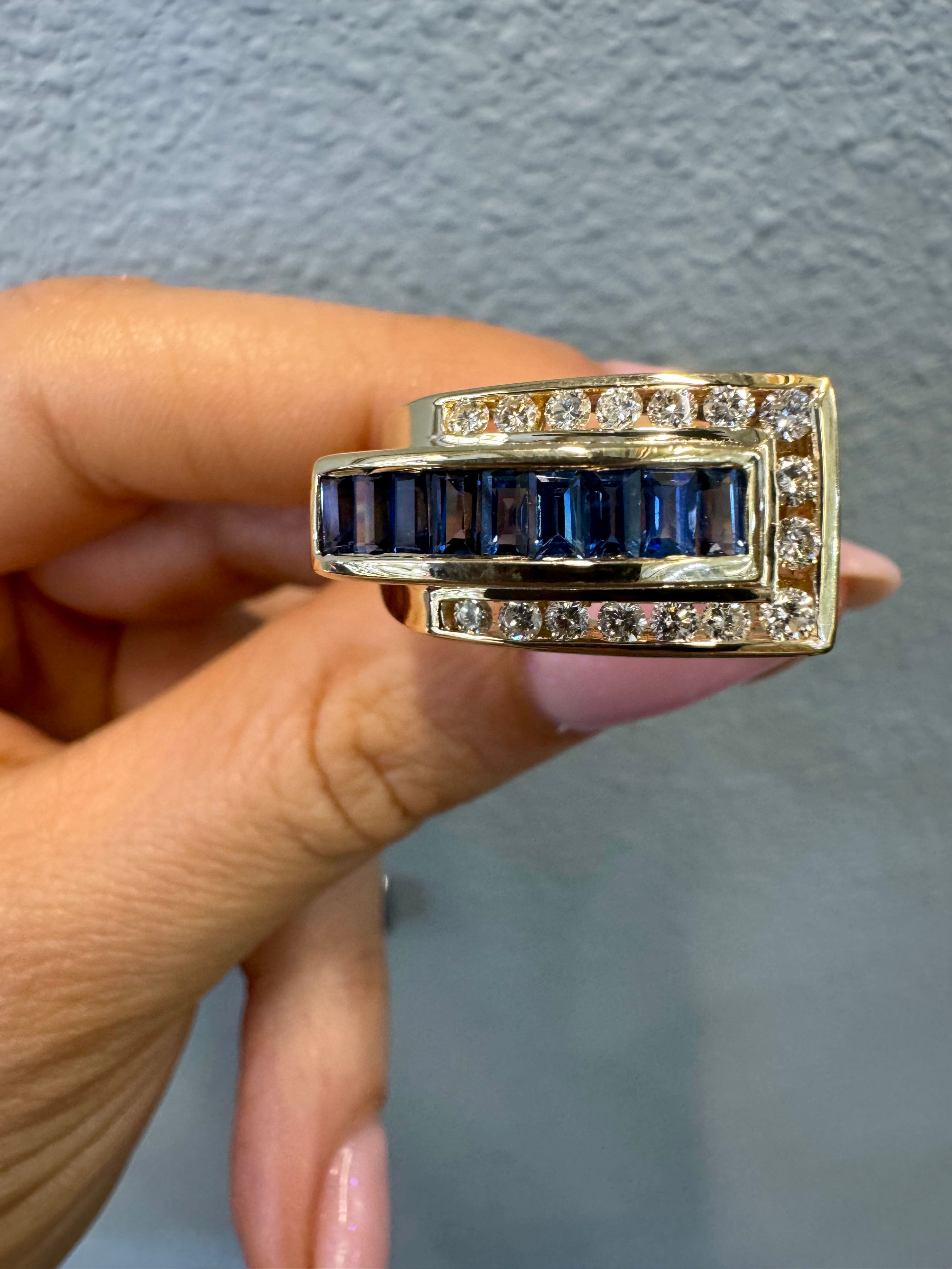 14kt Yellow Gold Men’s Channel Set Diamond And Sapphire Buckle Style Ring