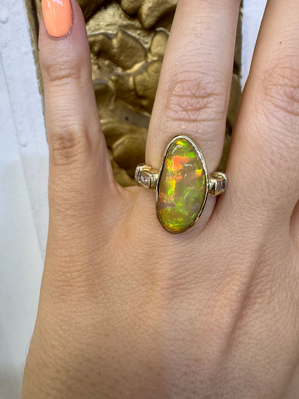Thumbnail: 14kt Yellow Gold Freeform Ethiopian Opal And Diamond Ring.