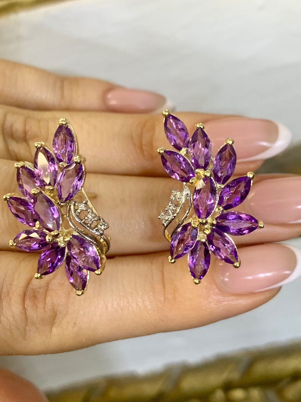 Thumbnail: 14kt Yellow Gold Amethyst And Diamond Ear Climber Earrings.