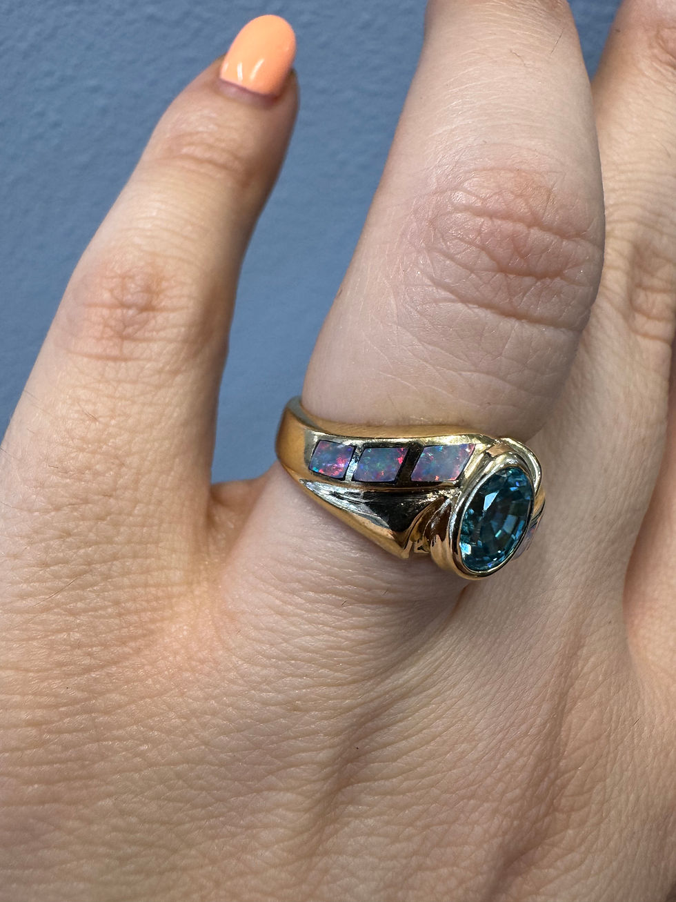 Thumbnail: 14kt Yellow Gold Blue Zircon And Australian Opal Ring