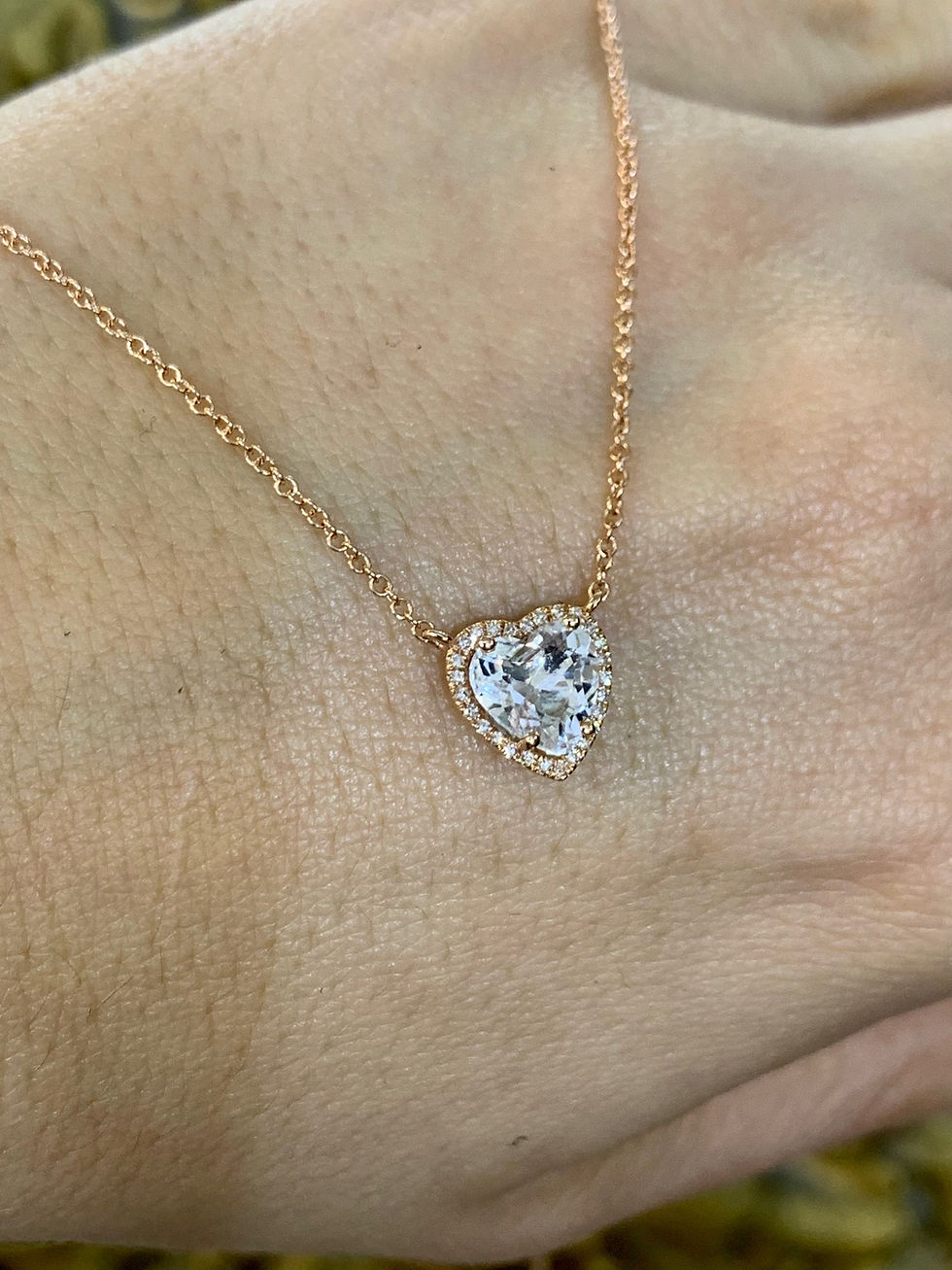 Thumbnail: 14kt Rose Gold White Topaz And Diamond Heart Halo Necklace