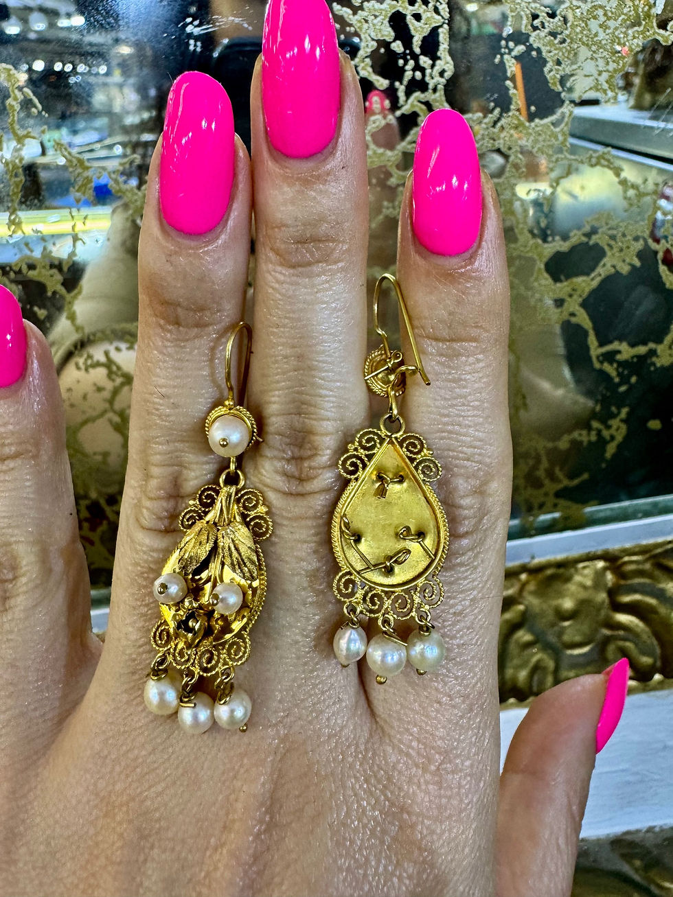 Thumbnail: 14kt Yellow Gold Flower Motif Vintage Pearl Chandelier Earrings