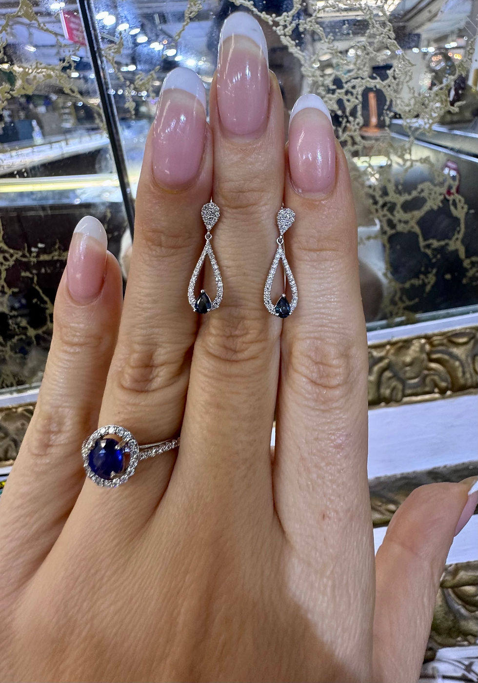 Thumbnail: Dainty 14kt White Gold Pear-Shaped Sapphire And Diamond Drop Earrings