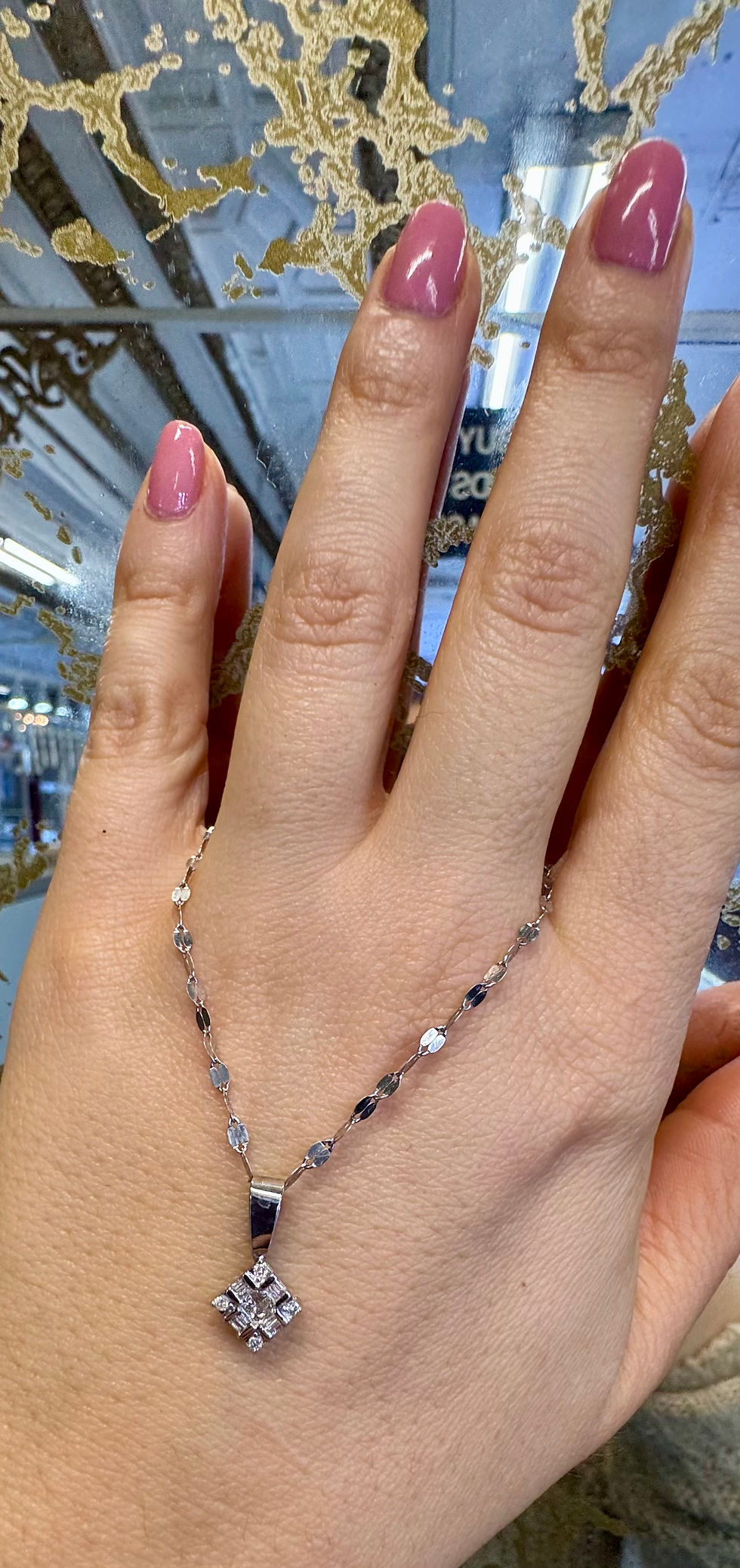 Thumbnail: Dainty 14kt White Gold Square Diamond Cluster Pendant With Chain