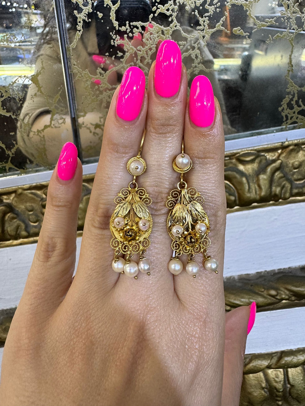 Thumbnail: 14kt Yellow Gold Flower Motif Vintage Pearl Chandelier Earrings