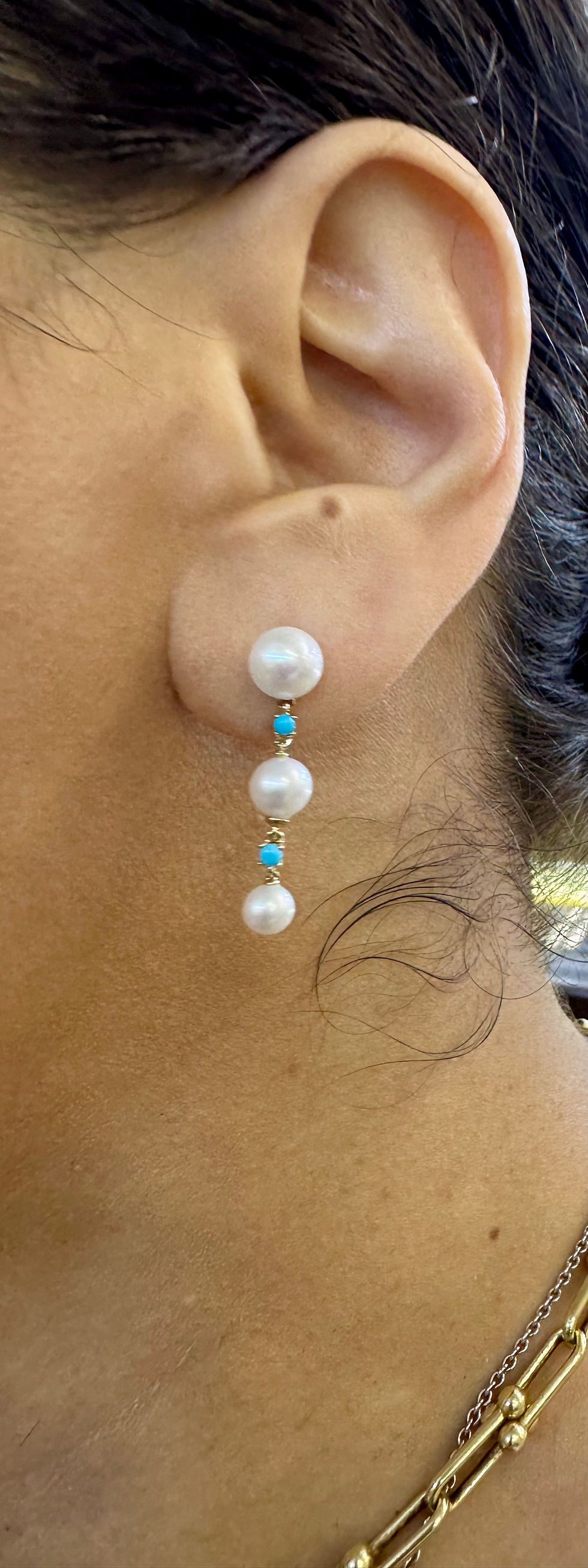 Thumbnail: 14kt Yellow Gold Pearl And Turquoise Drop Earrings