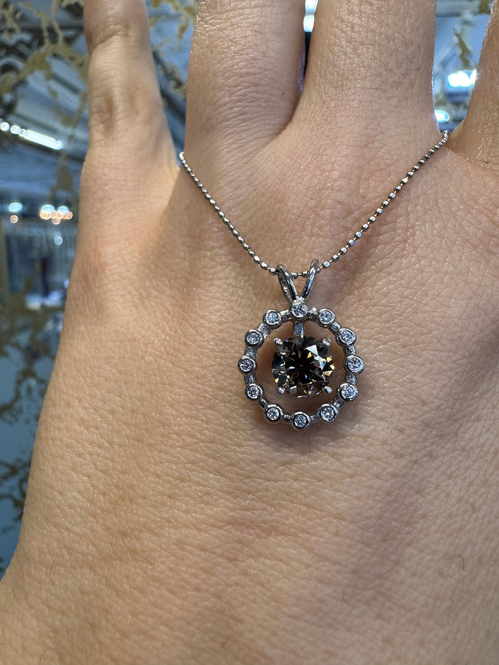 Thumbnail: 18kt White Gold Natural 1.03 ctw Cognac Brown Diamond Halo Necklace