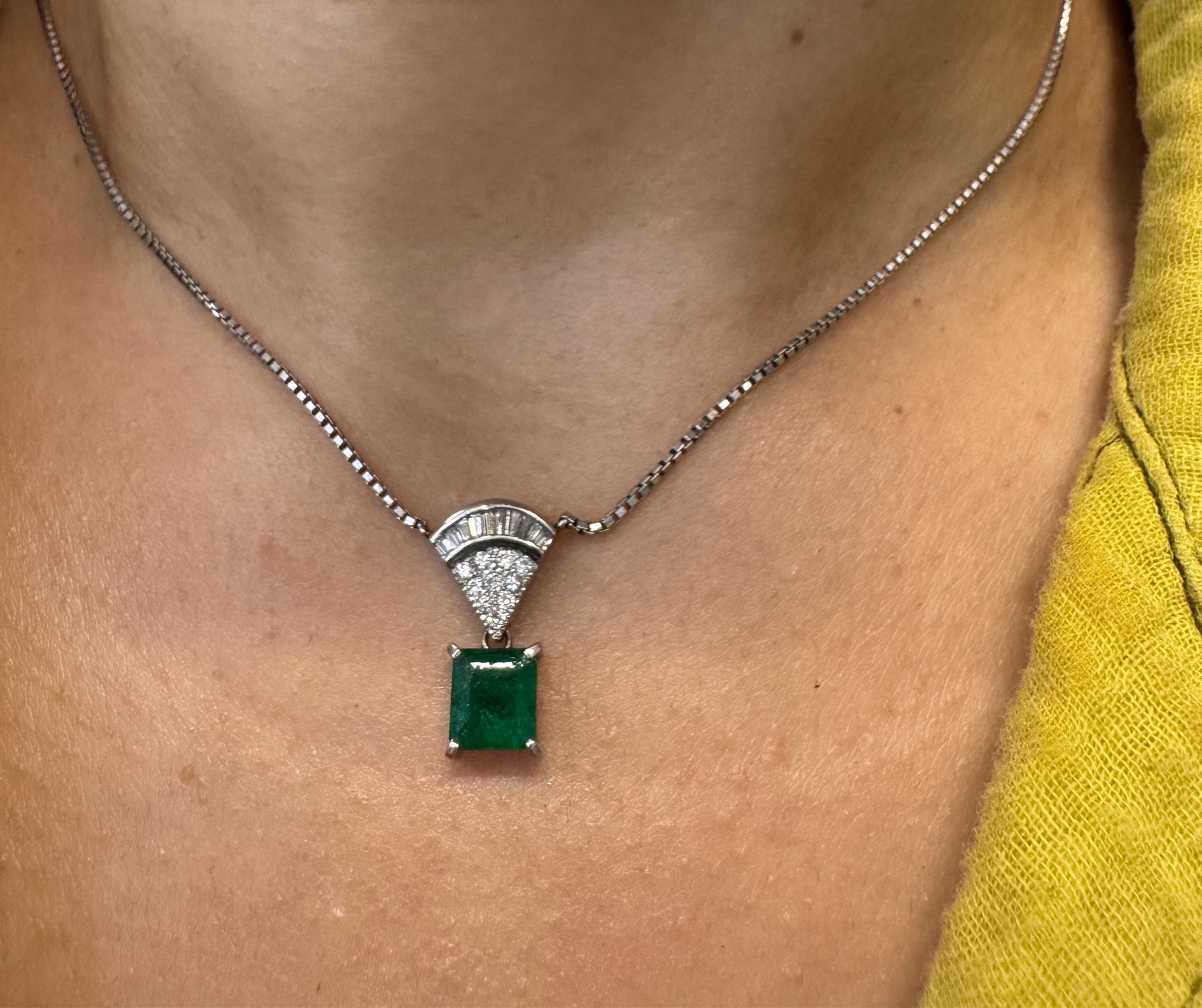 Platinum Emerald And Diamond Fan Shape Drop Necklace