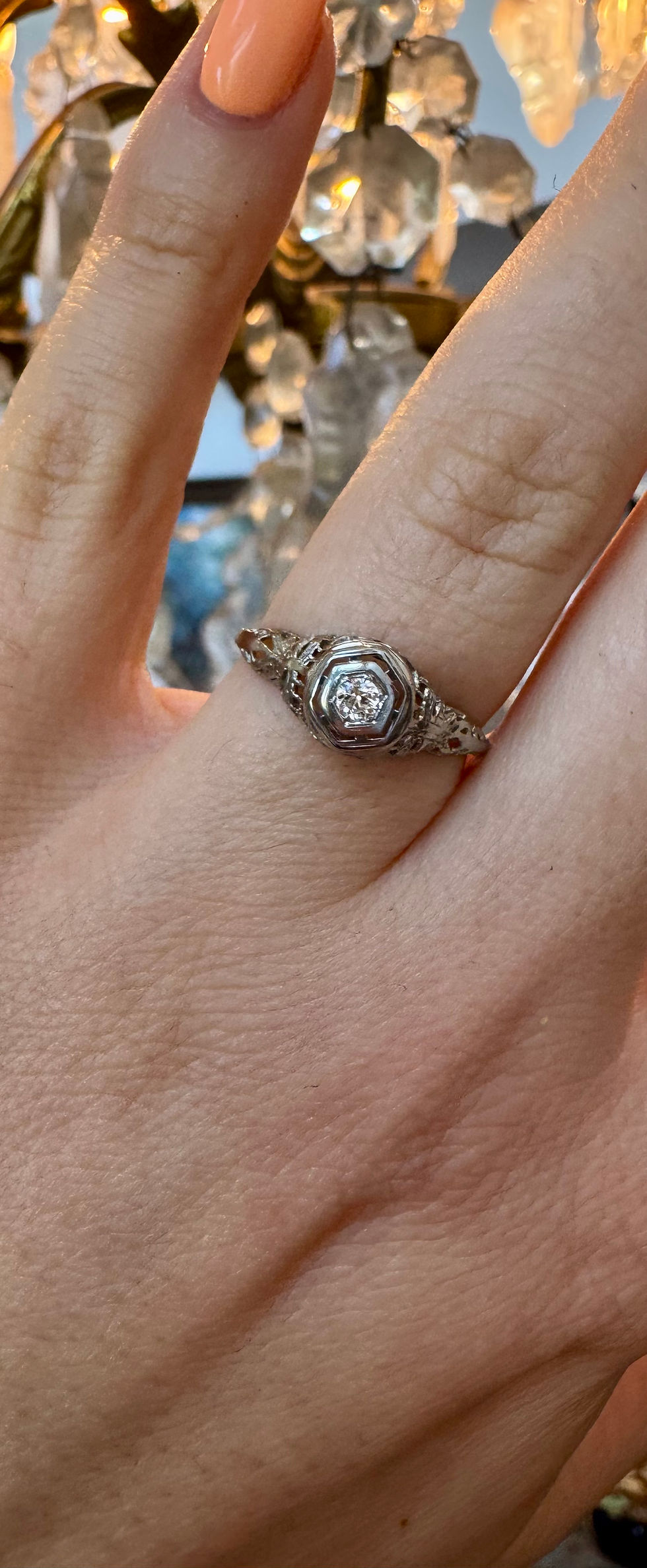 Thumbnail: Dainty 14kt White Gold Art Deco Filigree Diamond Ring