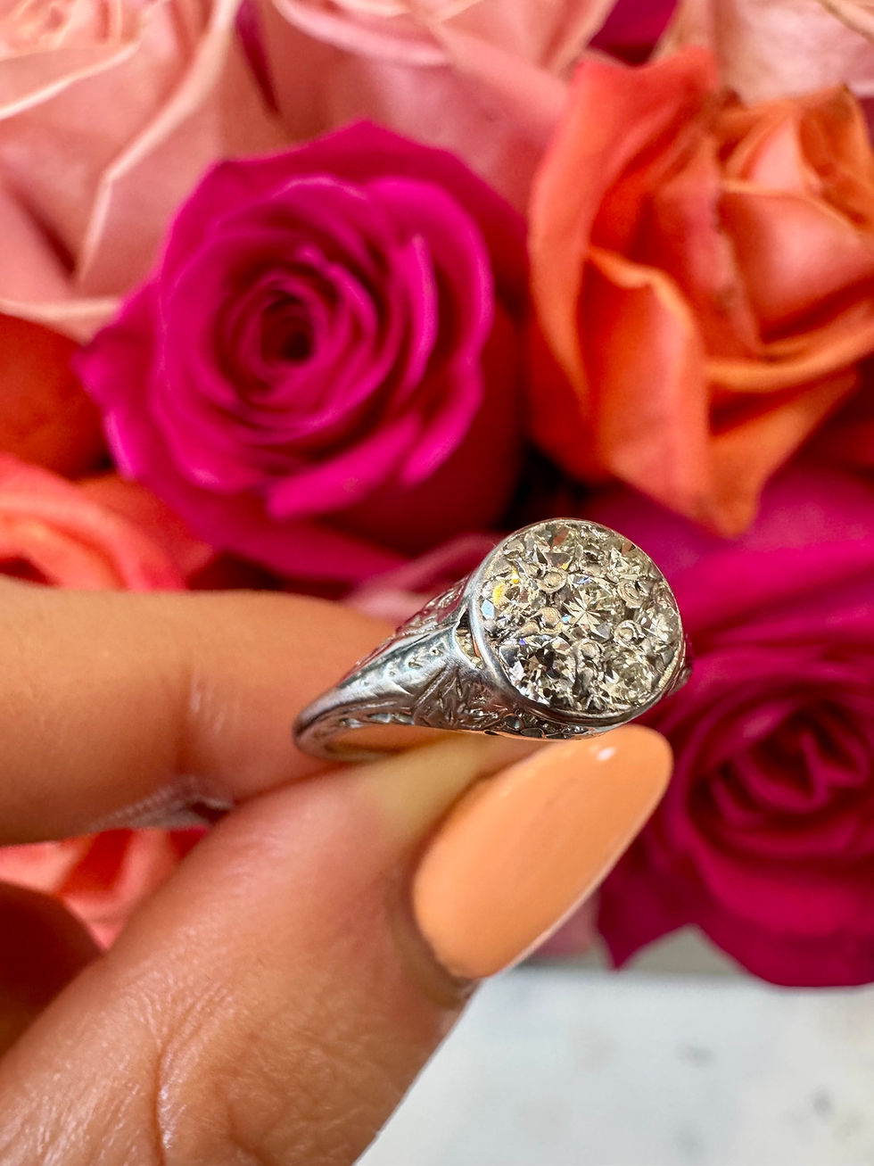 Thumbnail: 14kt White Gold Art Deco Domed Filigree Cluster Diamond Ring