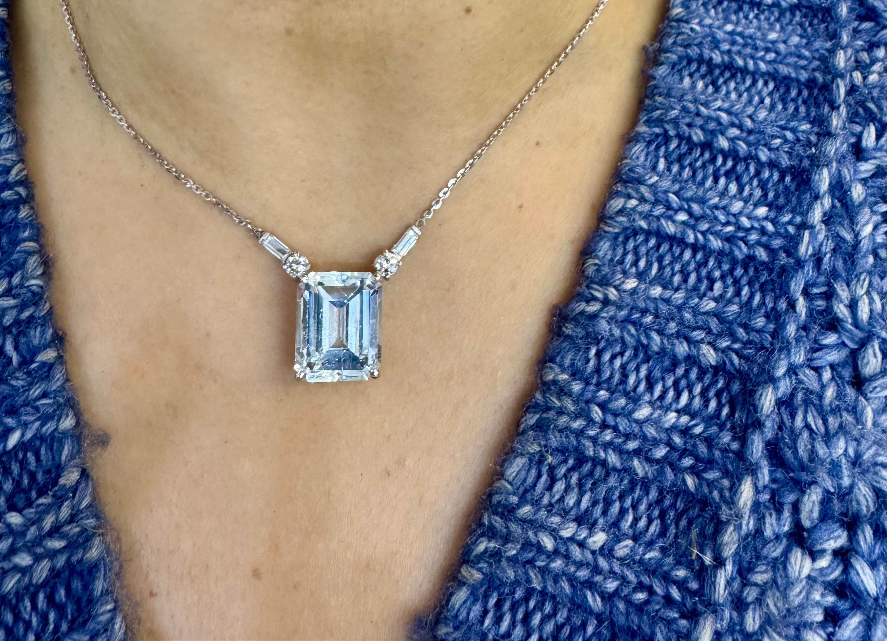 14kt White Gold 18.18 ctw Emerald-Cut Aquamarine And Diamond Necklace