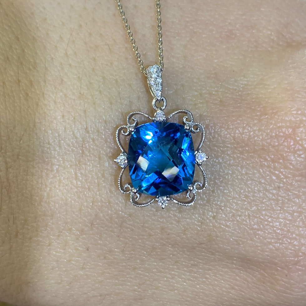 Thumbnail: 14kt White Gold Antique Cushion Checker Board Swiss Blue Topaz & Diamond Pendant
