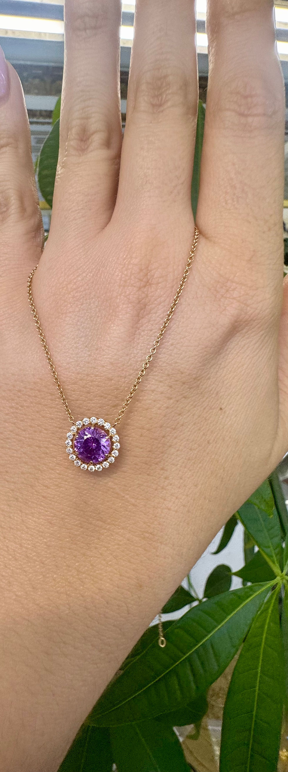 Thumbnail: 18kt Rose Gold Lavender Amethyst And Diamond Halo Necklace