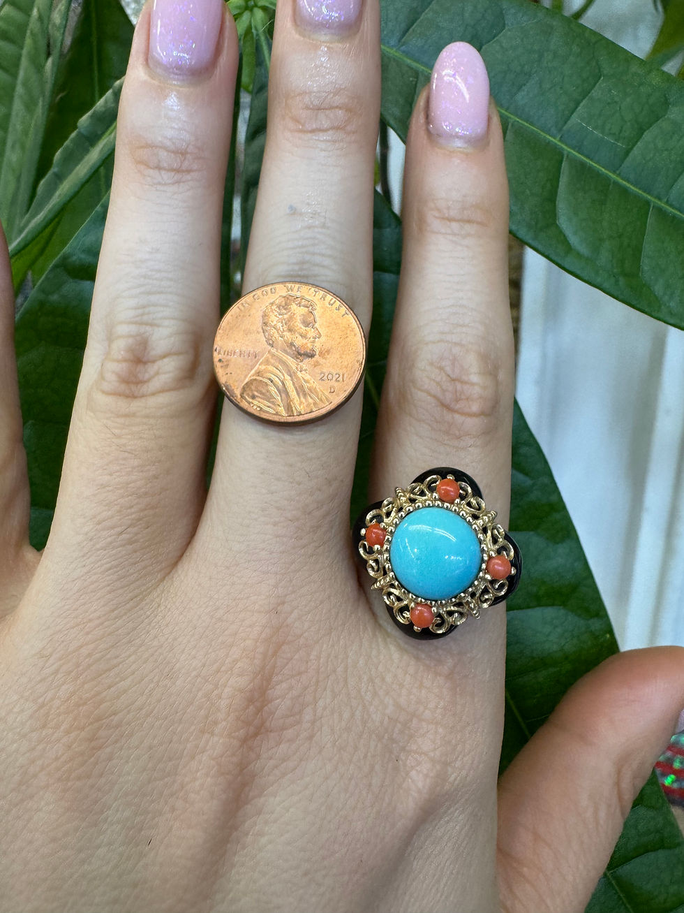 Thumbnail: 14kt Yellow Gold Filigree Onyx, Turquoise, Coral Quatrefoil Ring