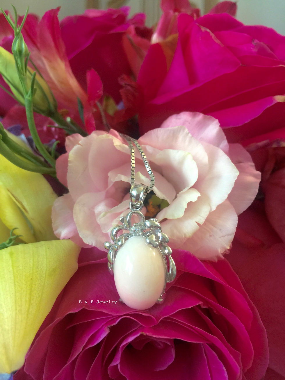 Thumbnail: 14K White Gold Coral And Diamond Necklace
