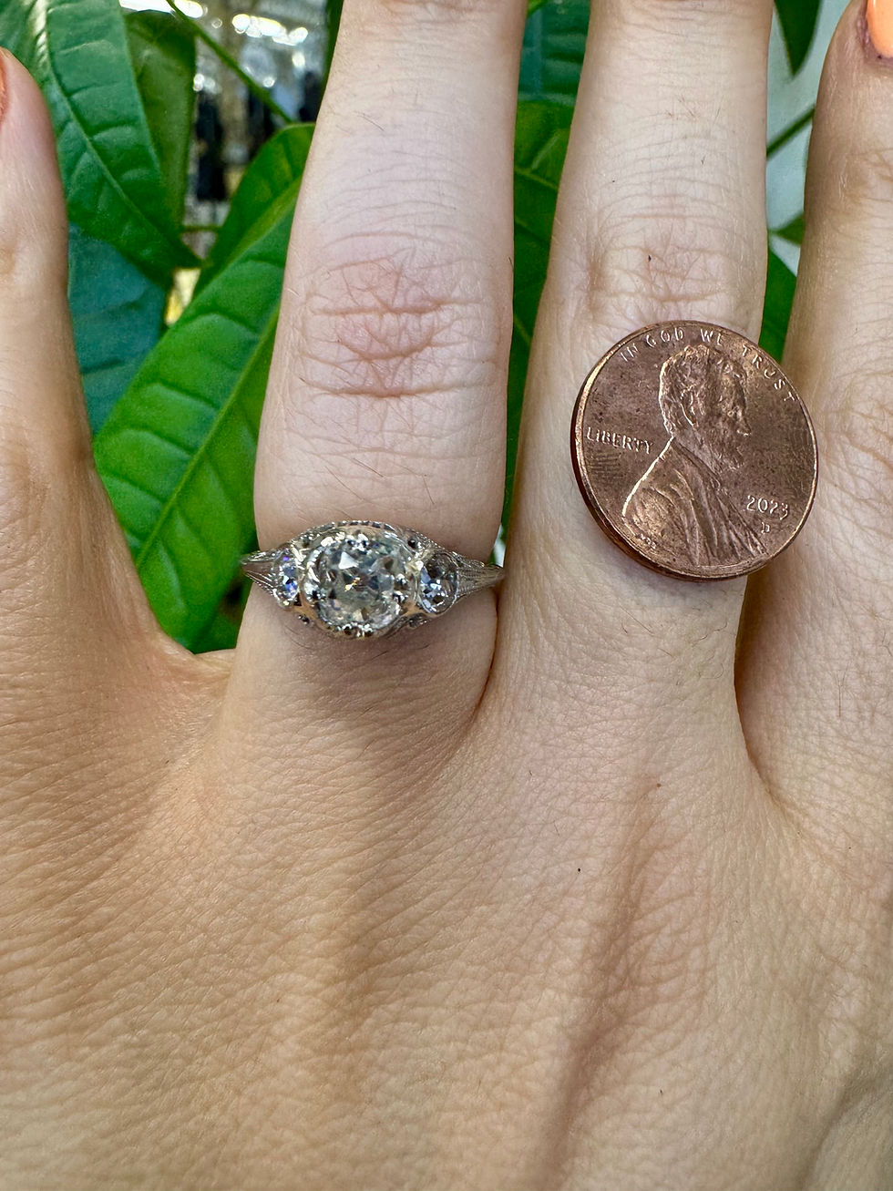 Thumbnail: 18kt White Gold Three stone Art Deco Filigree Diamond Engagement Ring