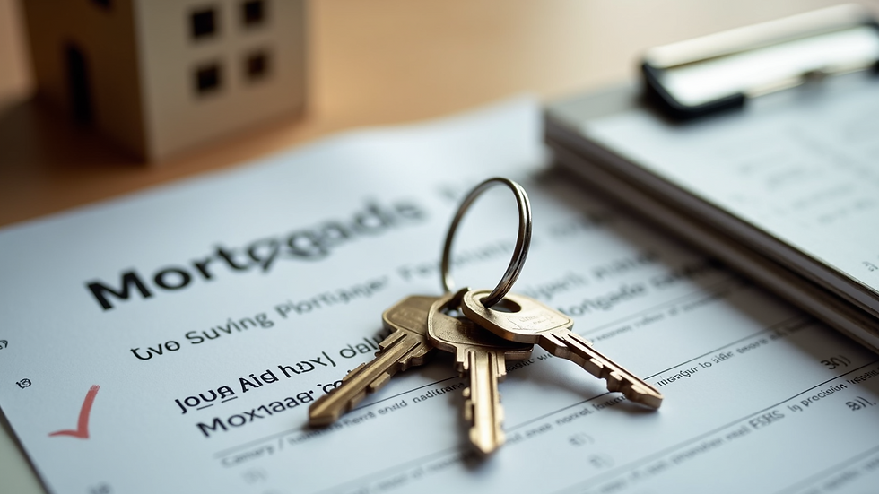 Close-up view of house keys and mortgage documents on a table