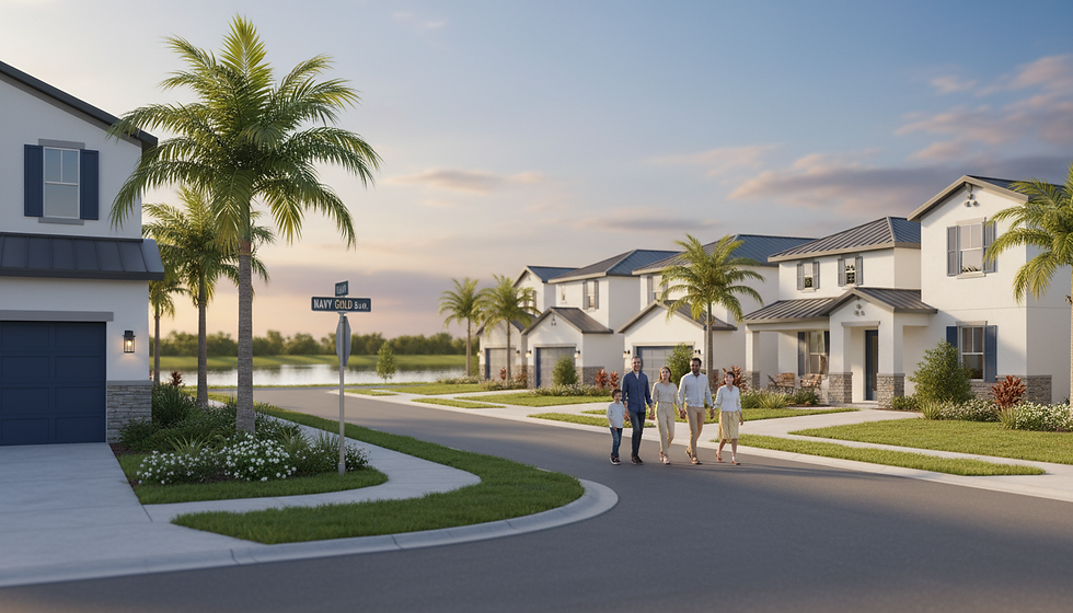 Eye-level view of a suburban Florida neighborhood with single-family homes