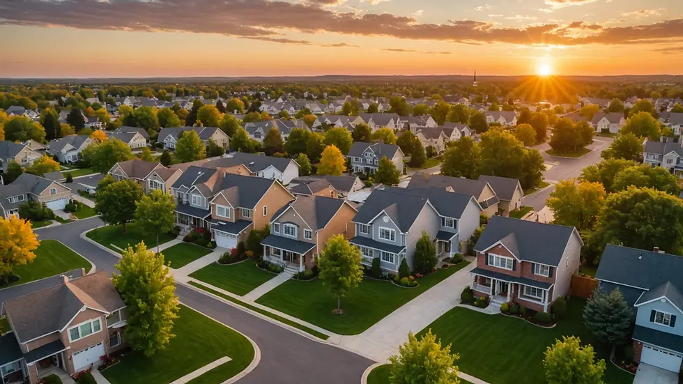 Wide angle view of a suburban neighborhood during sunset