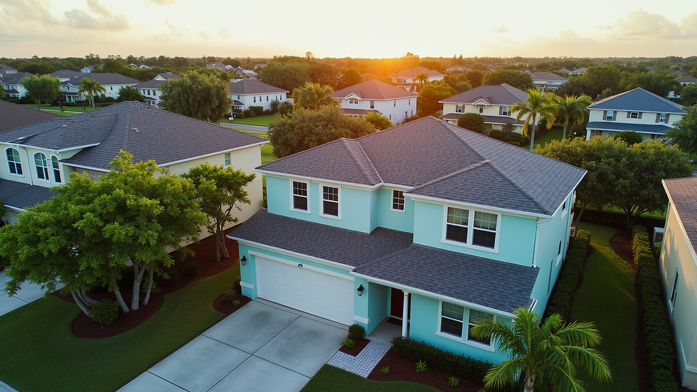 High angle view of a Florida neighborhood with homes and greenery