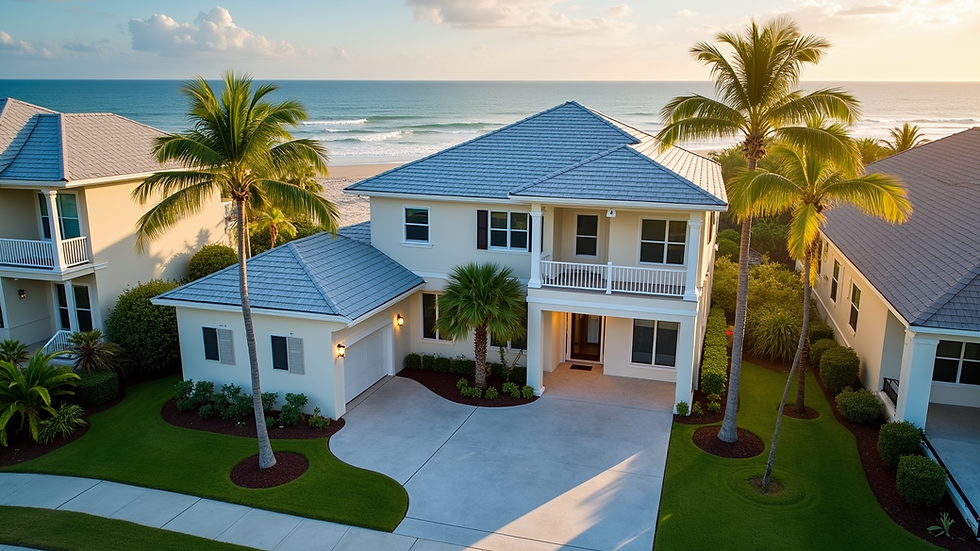 High angle view of a Florida beachside home with palm trees