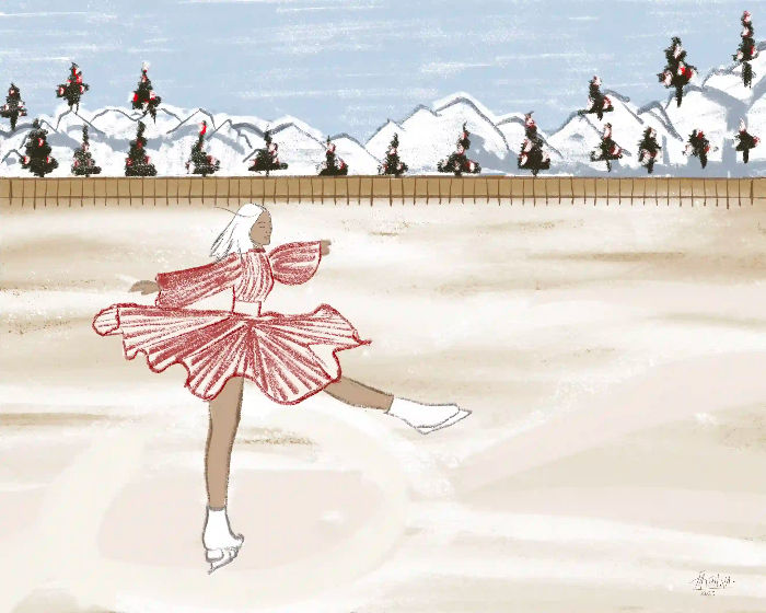 Christmas ice skating art print on canvas