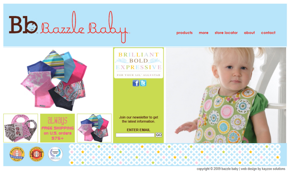 Amanda Davis's daughter Lola modeling a colorful Bazzle Baby product on the original company website.