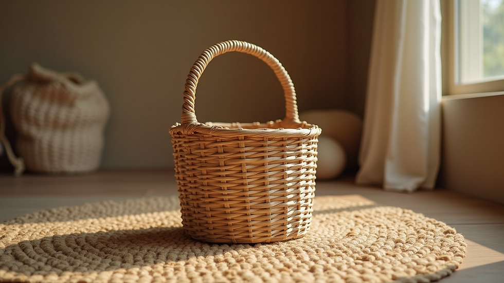 Eye-level view of a woven basket made from natural fibers